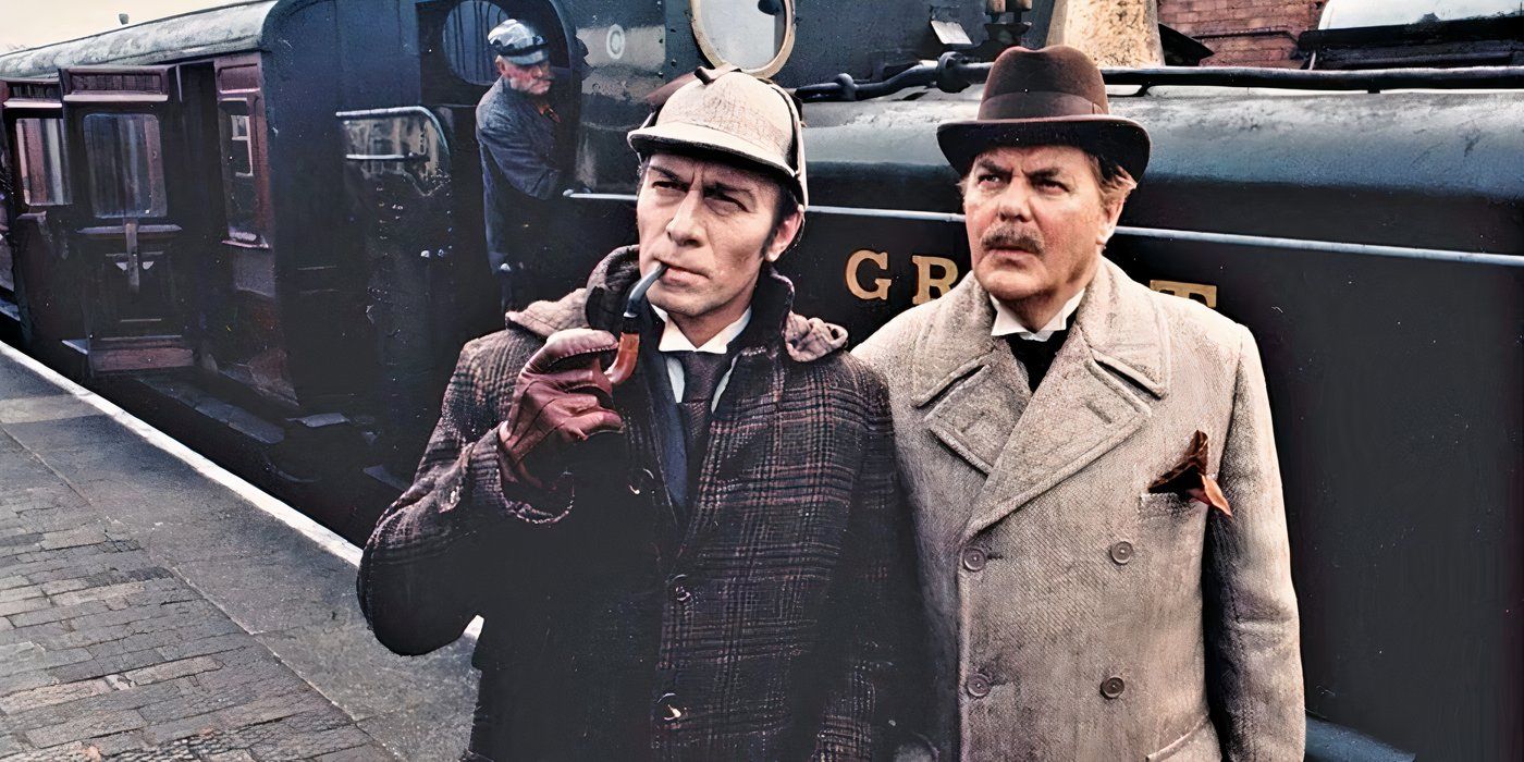 Sherlock (Chrstopher Plummer, left) smokes his signature pipe as he and Watson (James Mason) stand in front of a train