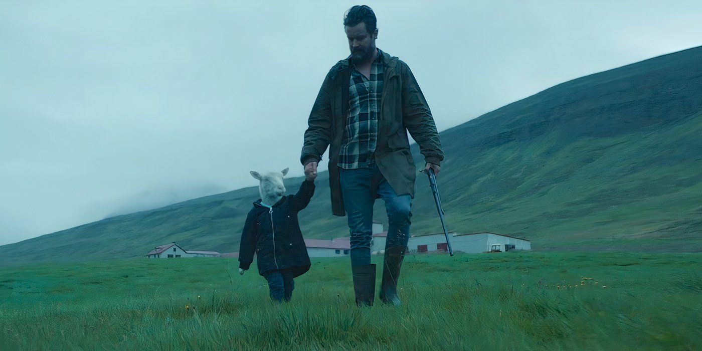 Ingvar walking hand-in-hand with a tiny humanoid lamb in Lamb