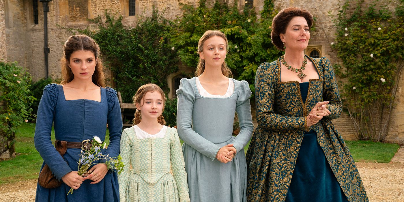 Emily Bader as Jane Grey, Robyn Betteridge as Margaret, Isabella Brownson as Katherine, and Anna Chancellor as Frances standing together outside in My Lady Jane