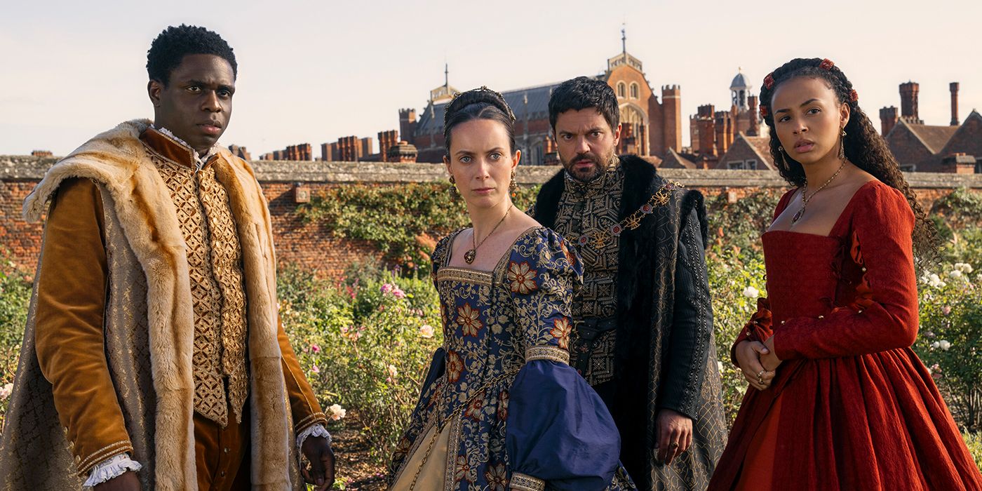 Jordan Peters as King Edward, Kate O'Flynn as Mary, Dominic Cooper as Seymour, and Abbie Hern as Bess standing together outside and looking off camera in My Lady Jane