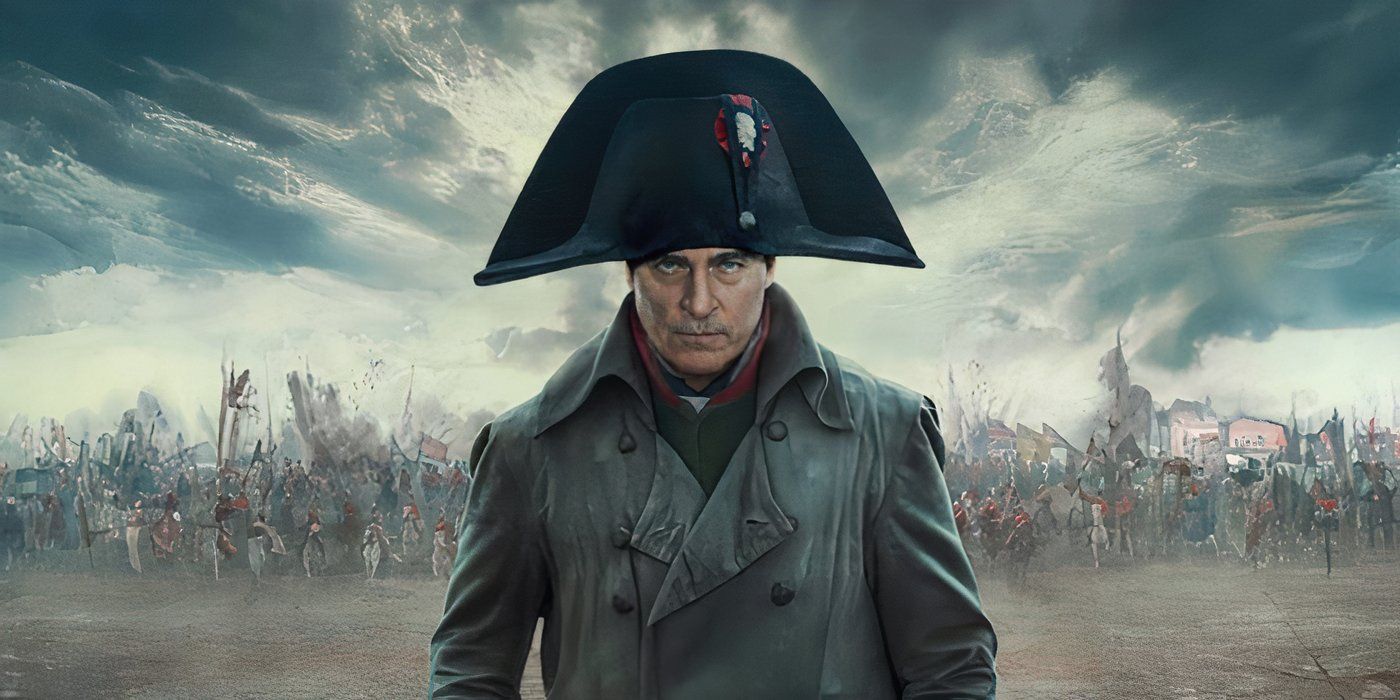 Promotional image for 'Napoleon' featuring Joaquin Phoenix as Napoleon with an army behind him