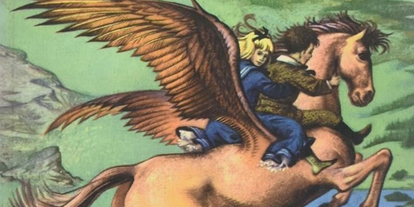 Digory Kirk and Polly Plummer ride a pegasus in 'The Magician's Nephew,' part of 'The Chronicles of Narnia.'