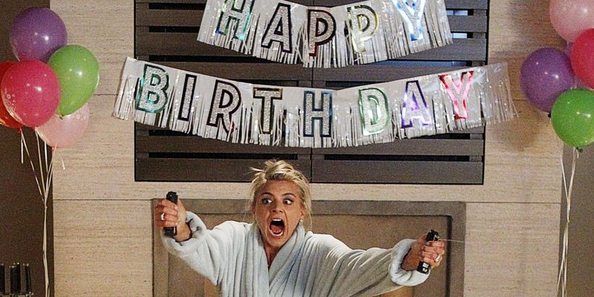 Jane Kerkovich-Williams pepper sprays a HAPPY BIRTHDAY banner in Happy Endings