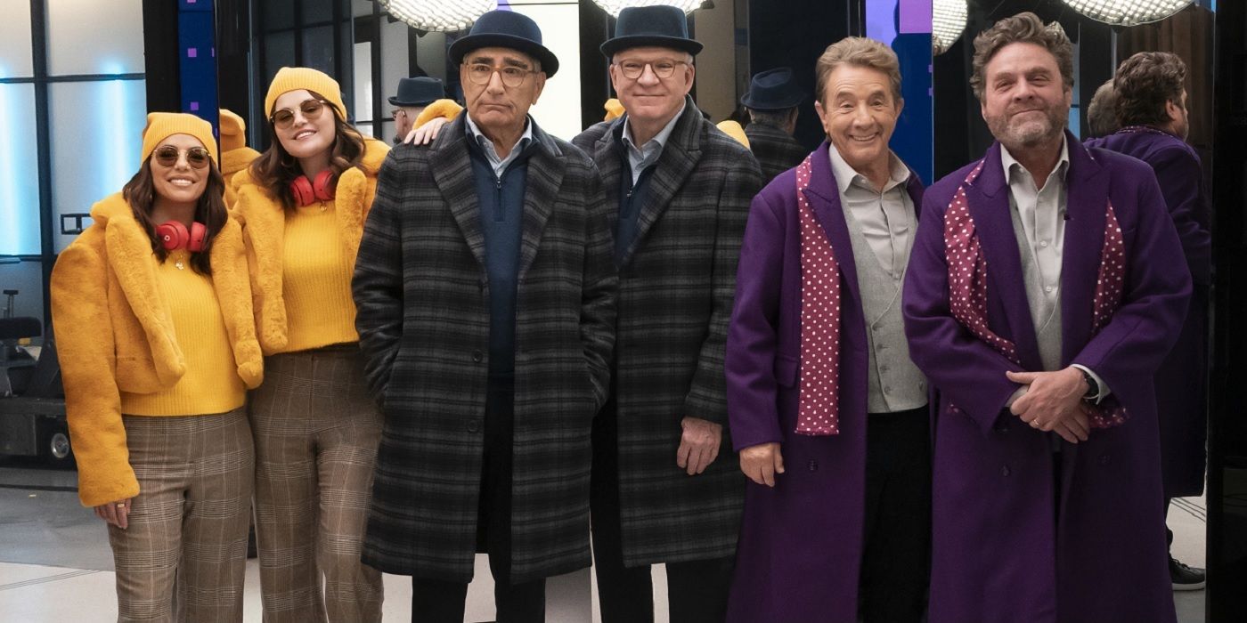 Only Murders in the Building Image featuring Eugene Levy, Zach Galifianakis,  Eva Longoria, Steve Martin, Martin Short, and Selena Gomez.