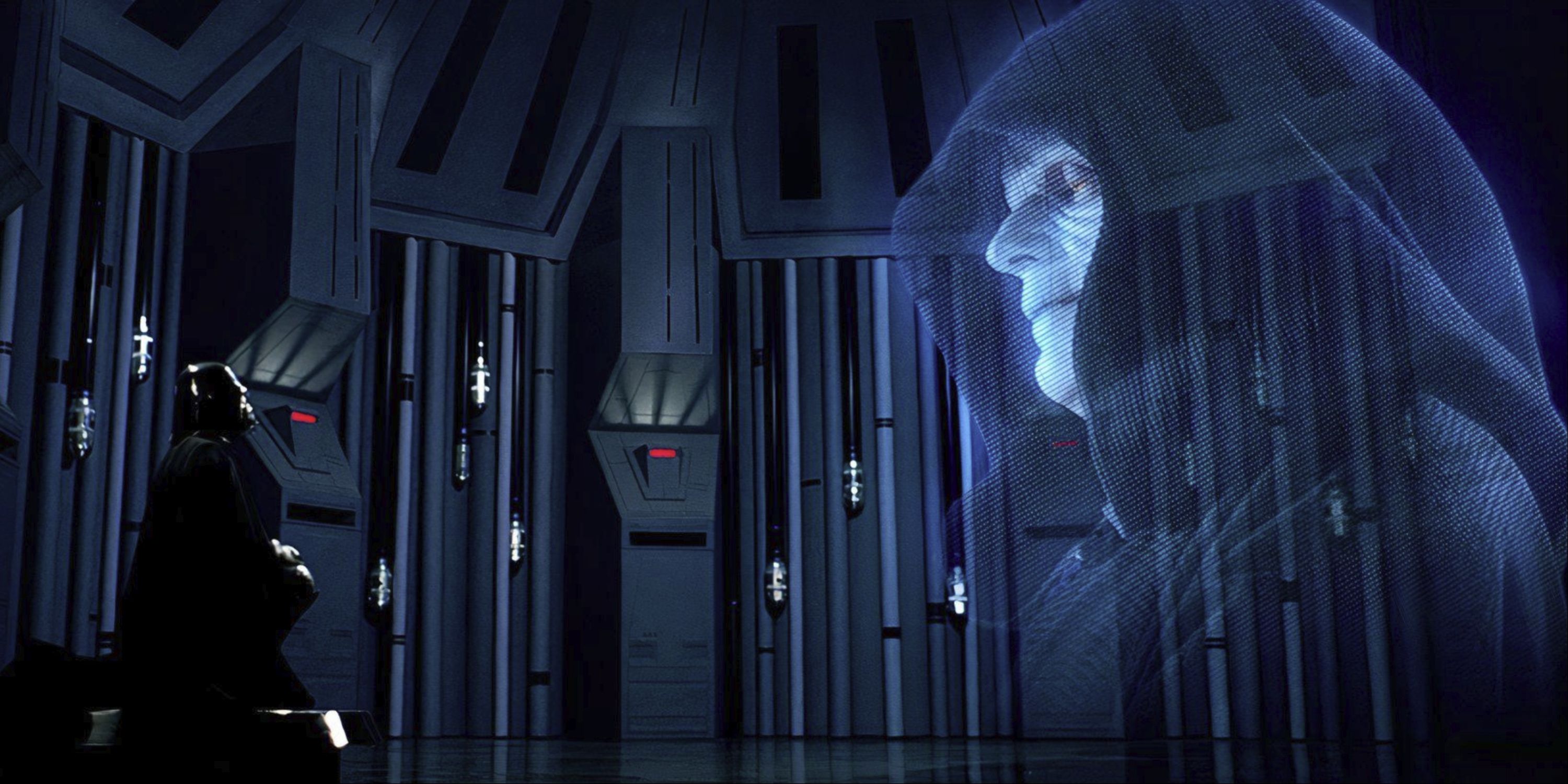 A massive hologram of the Emperor looms largely over Darth Vader