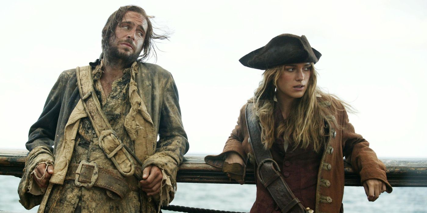 A dirtied James Norrington stands alongside Elizabeth Swann aboard the Black Pearl in 'Pirates of the Caribbean: Dead Man's Chest' (2006).