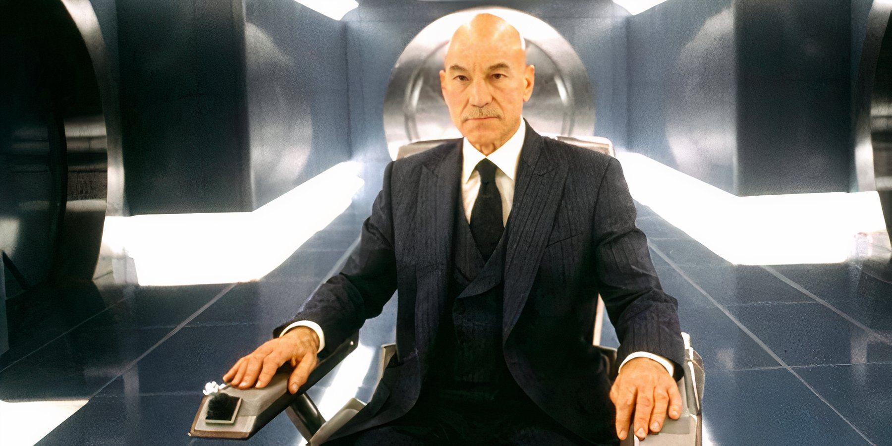 Professor X sits in his motorized wheelchair in the halls of X-Mansion in 2000’s X-Men.
