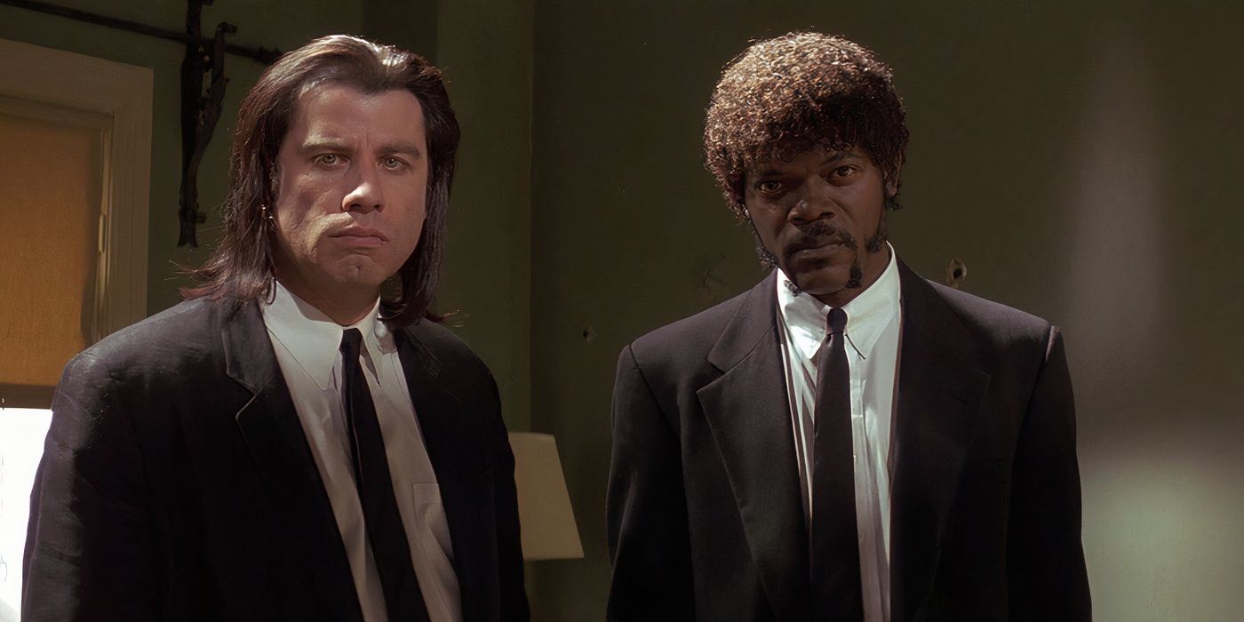 John Travolta's Vince and Samuel L. Jackson's Jules looking intently ahead in 'Pulp Fiction'