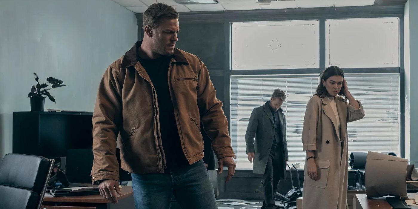 Reacher, O'Donnell and Dixon investigating a trashed office in Reacher Season 2, Episode 2