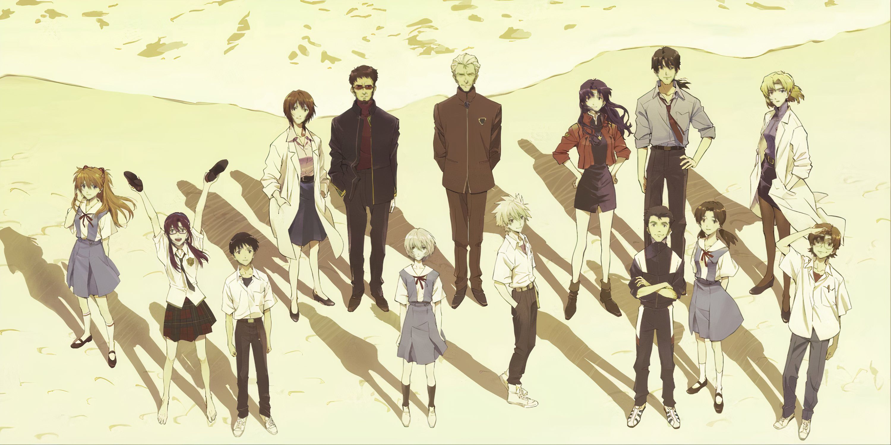 A group of people standing on a beach looking at the camera in Rebuild Evangelion.