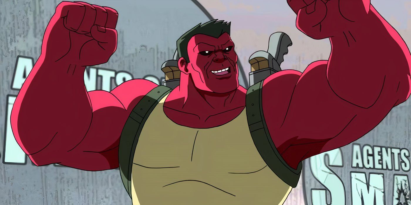 The Red Hulk wearing a tank top and flexing both of his biceps in the animated series 'Hulk and the Agents of S.M.A.S.H'