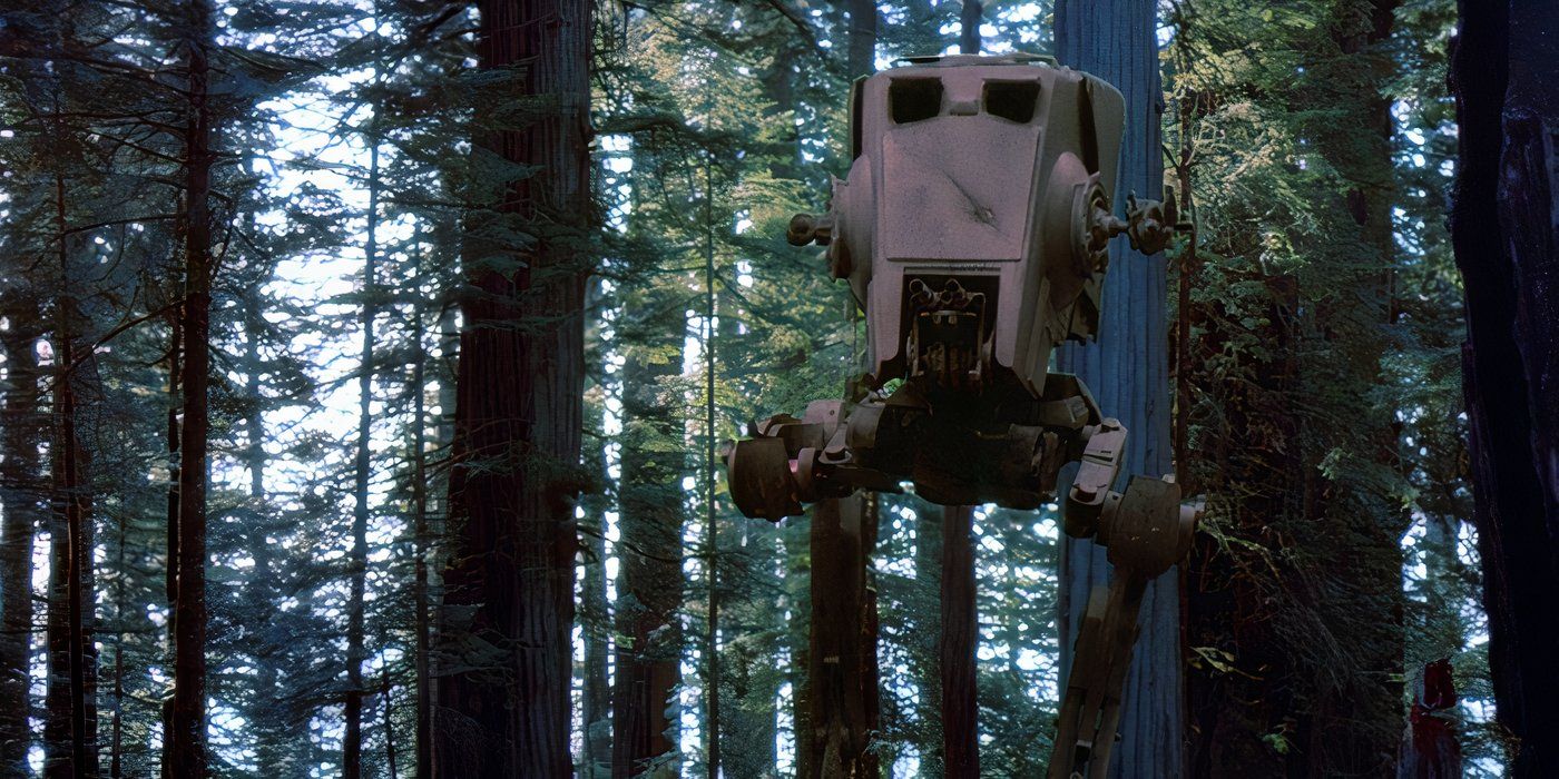 An AT-ST walker on Endor prepares to attack