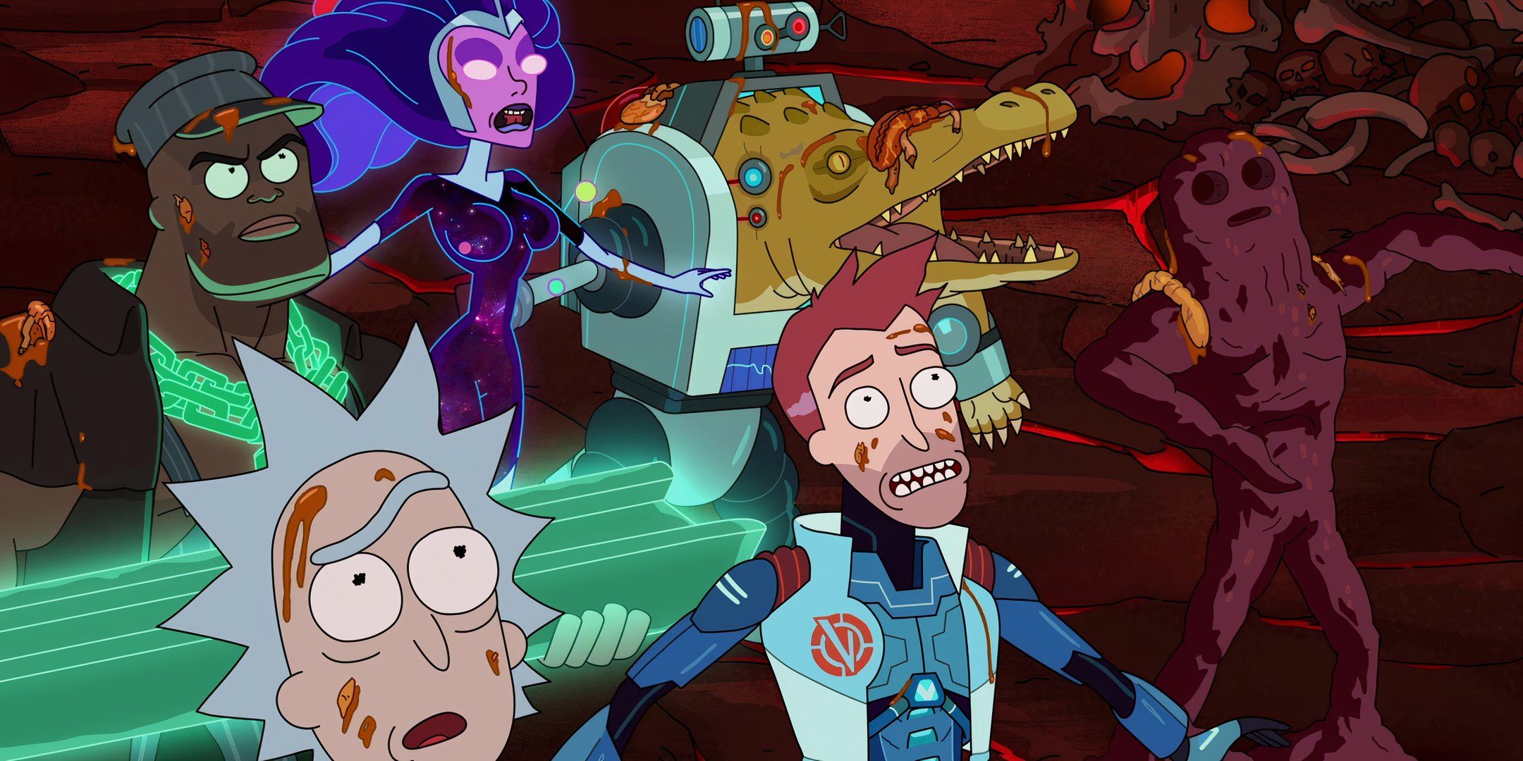 Rick (Justin Roiland), Alan Rails (Lance Reddick), Supernova (Gillian Jacobs), Crocubot (Maurice LaMarche), Vance Maximus (Christian Slater), and Million Ants (Tom Kenny) look up in astonishment in Season 3, Episode 4 of Rick and Morty