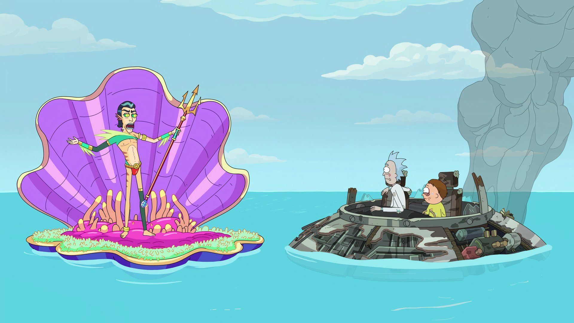 Mr. Nimbus (Dan Harmon) scolds Rick (Justin Roiland) and Morty (Justin Roiland) for landing their spaceship in the ocean in Season 5, Episode 2 of Rick and Morty