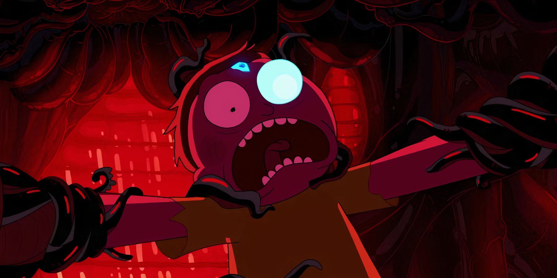 A crimson red, Akira-styled Morty surrounded by black tentacles who has fully succumbed to the deadly influence of the blue death crystal on his forehead in Season 4, Episode 1 of Rick and Morty, titled 'Edge of Tomorty: Rick Die Rickpeat'