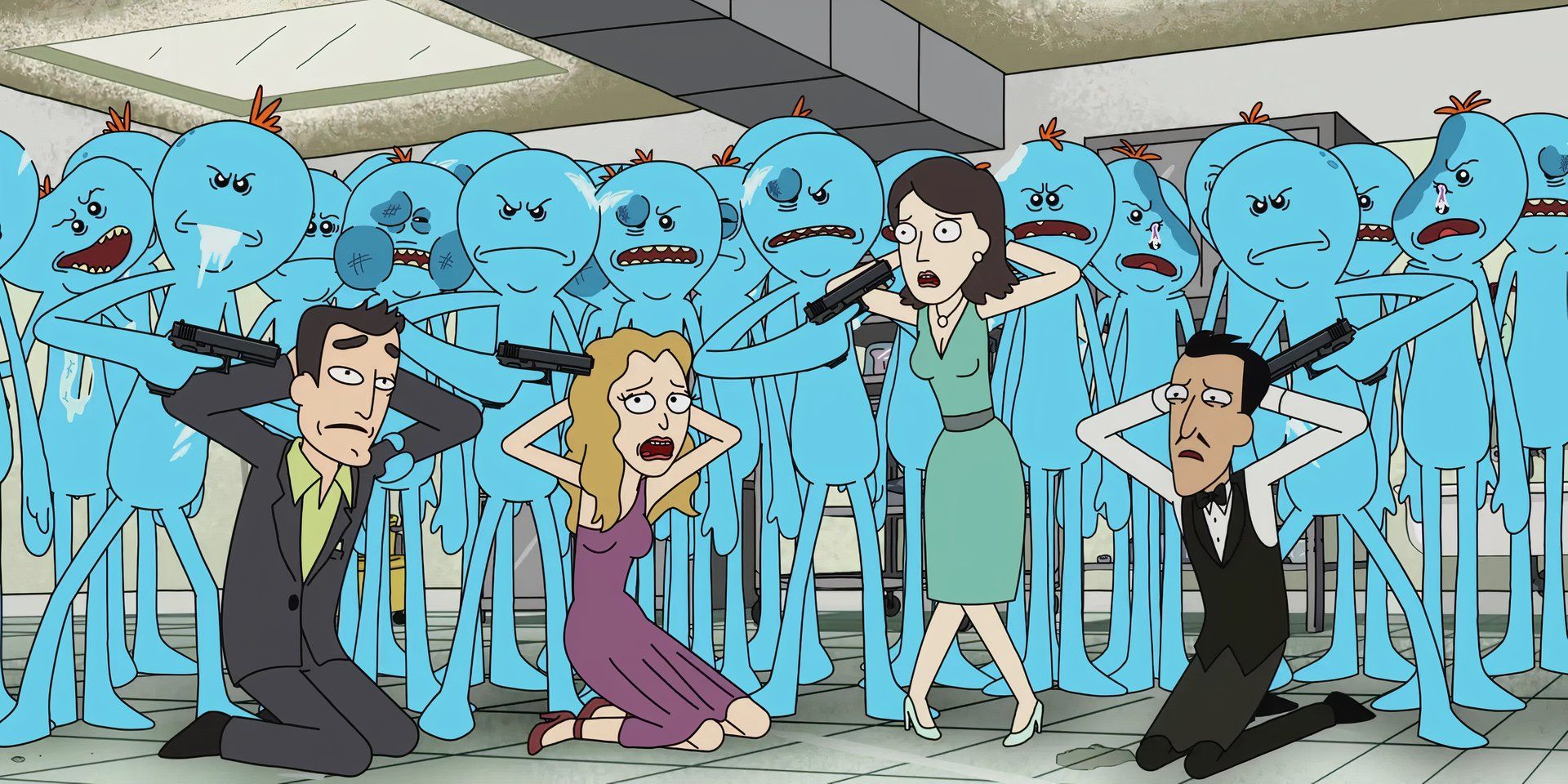 A large group of disheveled and beaten up meeseeks taking a group of people hostage