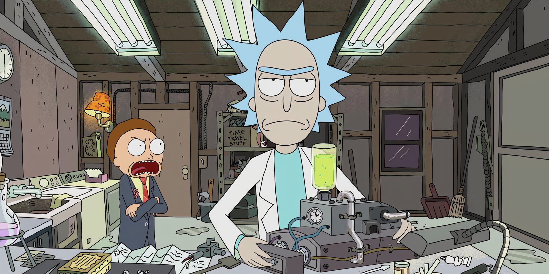 Rick working on a mechanical contraption in the garage while being berated by Morty wearing a suit for Prom in the Rick and Morty episode, "Rick Potion #9".