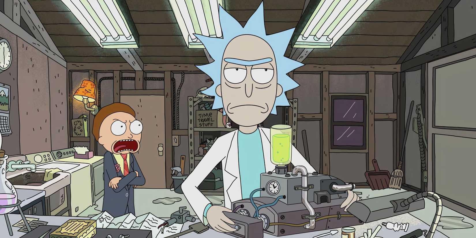Rick is in the garage while being berated by Morty in Rick and Morty.