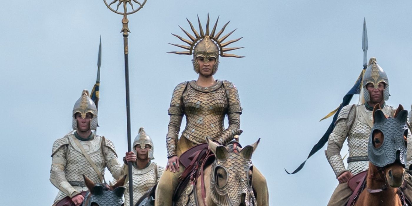 Queen Míriel, played by Cynthia Addai-Robinson, on her horse in 'The Rings of Power.'