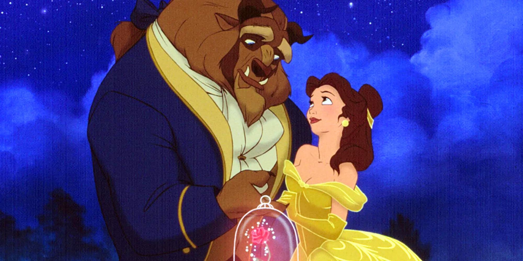 Robby Benson as the Beast and Paige O'Hara as Belle holding hands in Beauty and the Beast (1991)