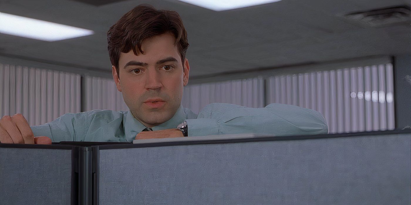 Ron Livingston peeking over a partition as Peter in 'Office Space'.