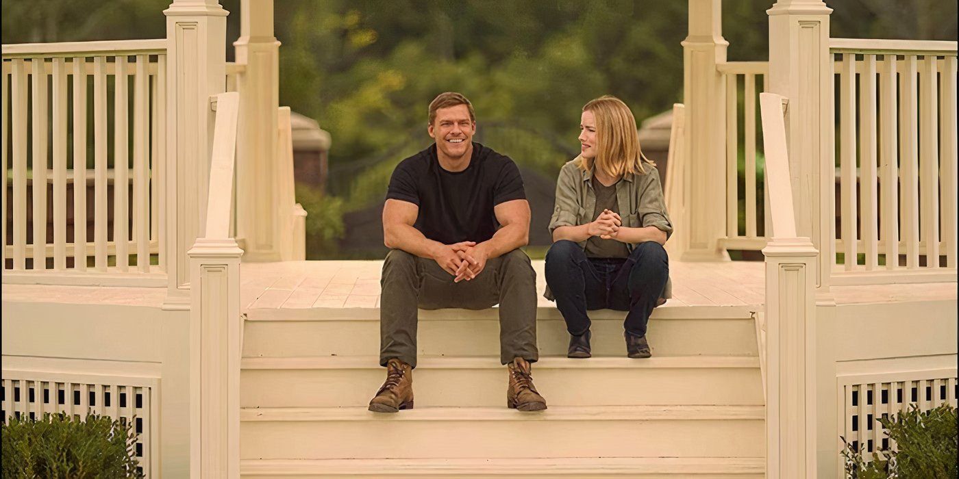 Roscoe and Reacher sitting on gazebo steps and smiling in Reacher season 1, episode 8