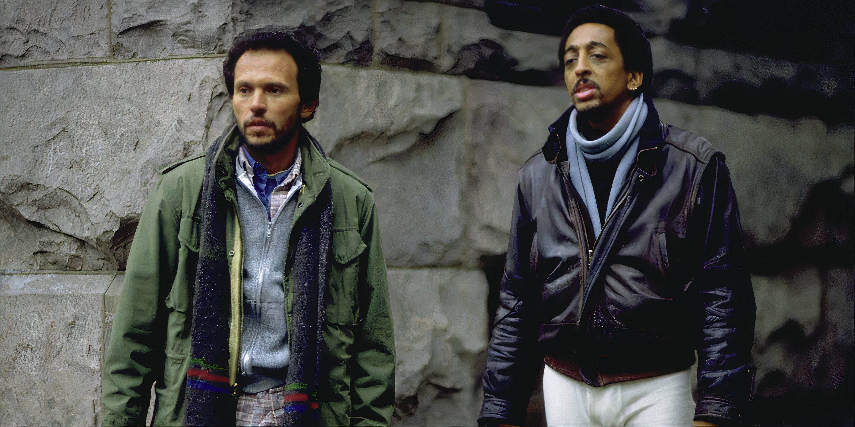 Billy Crystal and Gregory Hines standing on the street talking in Running Scared.