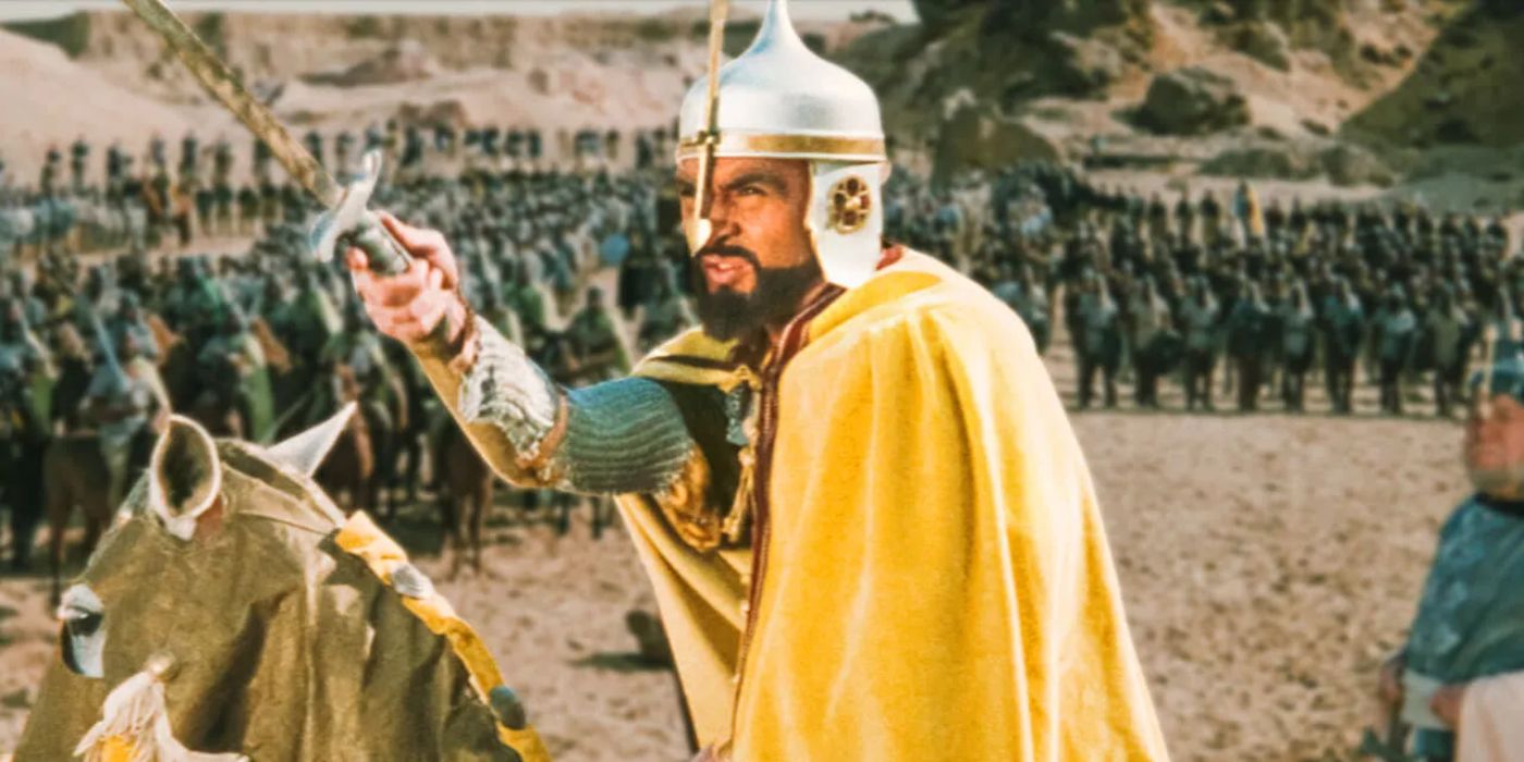 Saladin (Salah Zulfikar) waves his sword as he issues commands to his armies in &lsquo;Saladin the Victorious&rsquo; (1963).