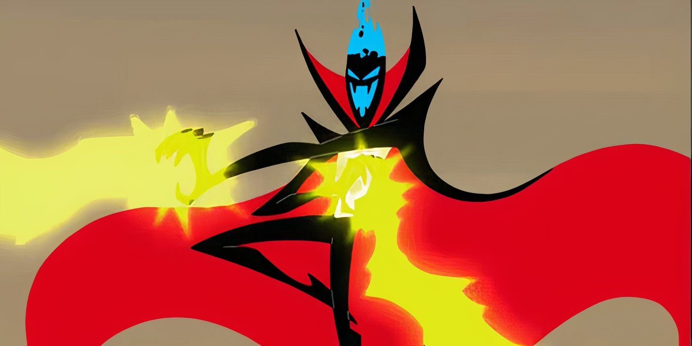 Demongo from Samurai Jack laughing while shooting lightning from his hands