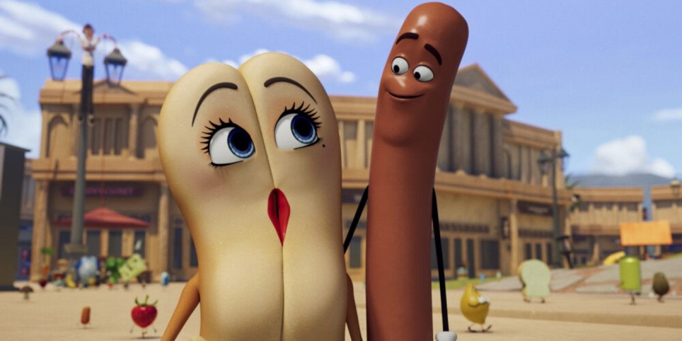 Brenda Bunson (Kristen Wiig) and Frank (Seth Rogen) talking outside in 'Sausage Party: Foodtopia'