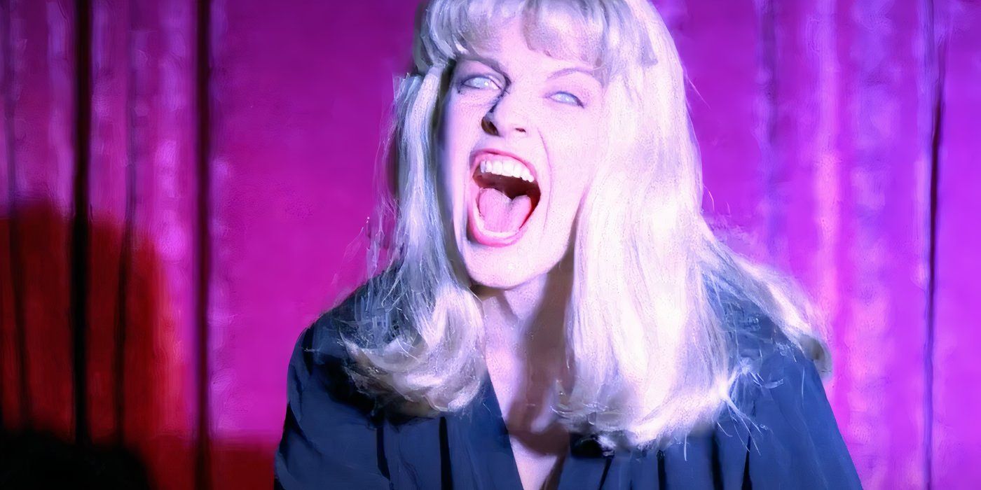 A dark double of Laura Palmer (Sheryl Lee) screaming in the Red Room in Twin Peaks.