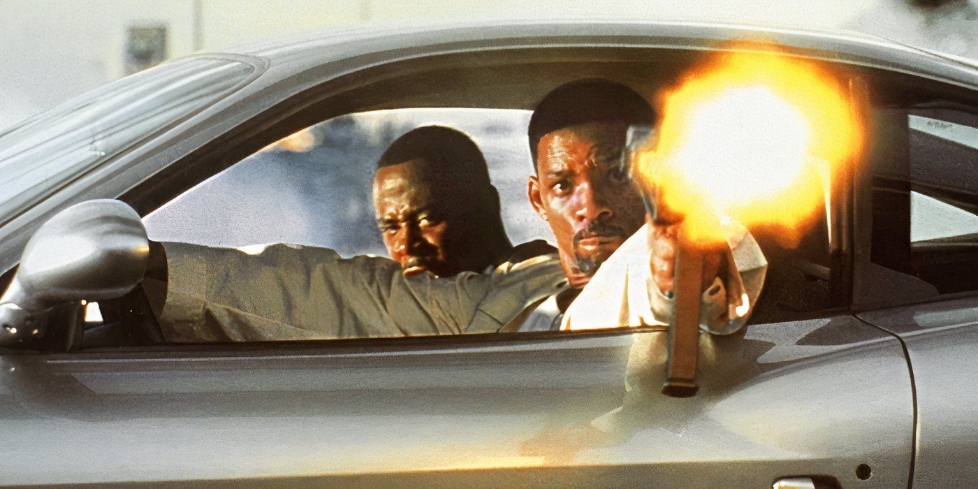 Mike Lowrey (Will Smith) driving and firing a gun while Marcus Burnett (Martin Lawrence) looks shocked in the passenger seat in Bad Boys 2)