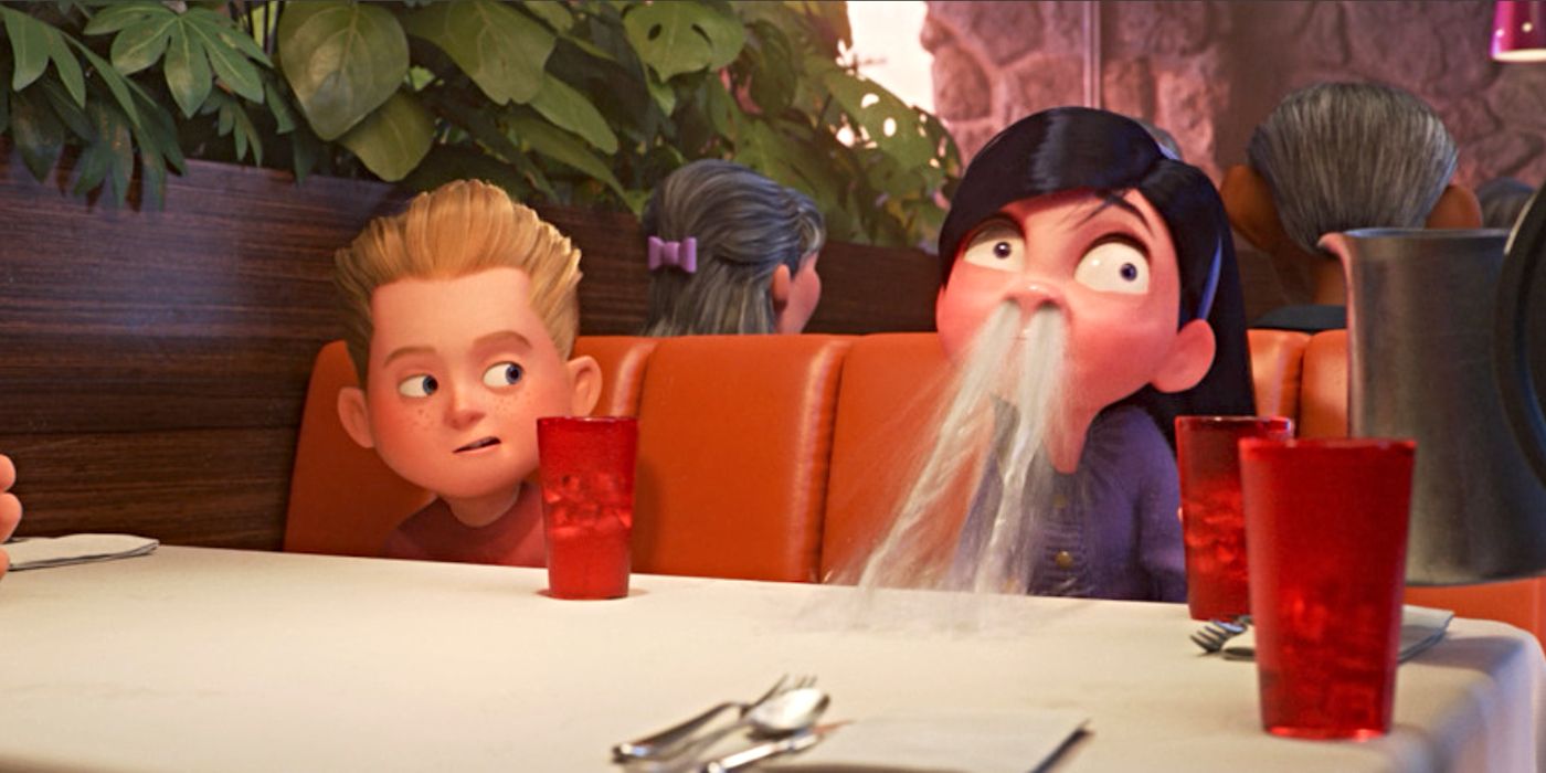 Violet (voiced by Sarah Vowell) shooting water out of her nose in surprise at a restaurant in The Incredibles 2