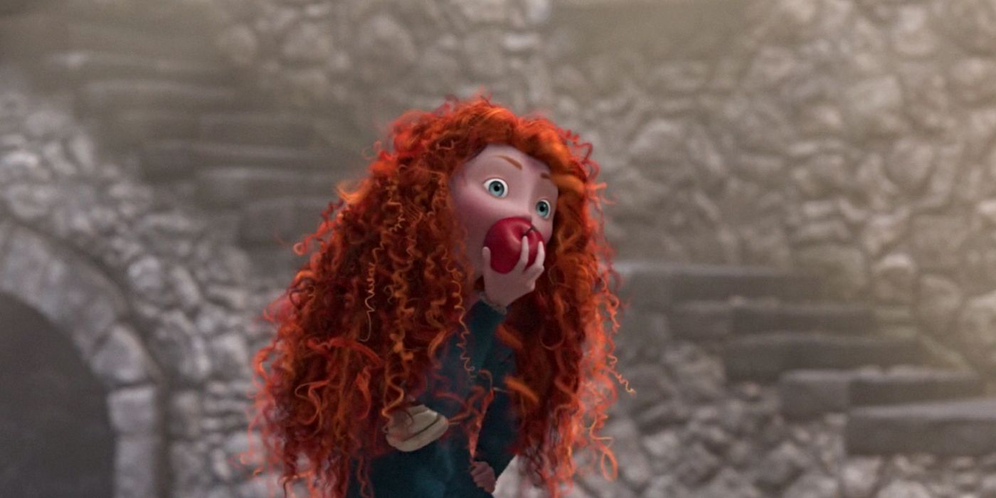 Merida (voiced by Kelly Macdonald) eating an apple and looking surprised in Brave.