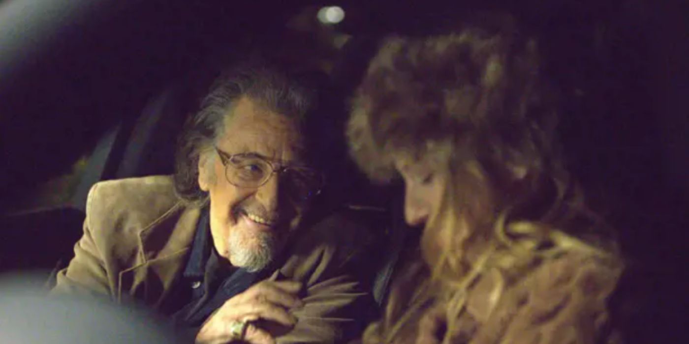 Al Pacino as Xavier wearing glasses and smiling in a car with a woman in &lsquo;Knox Goes Away&rsquo;