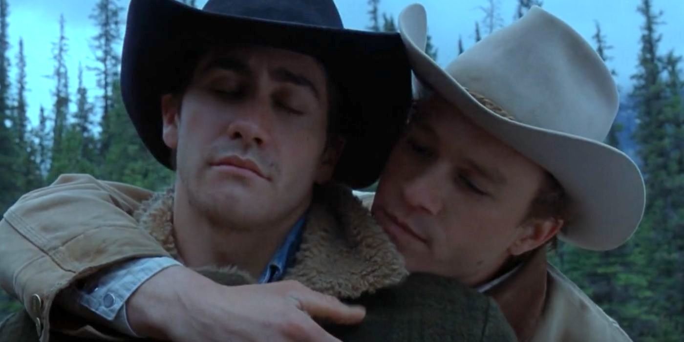 Jack (Jake Gyllenhaal) and Ennis (Heath Ledger) have a secret affair in Brokeback Mountain (2005).