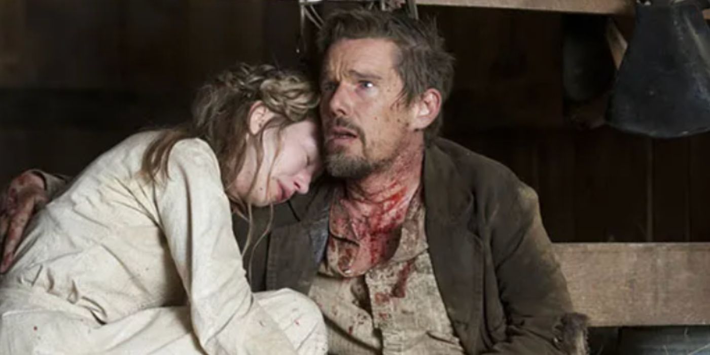 Ethan Hawke y Taissa Farmiga se abrazan y lloran como Paul y Mary Ann en En un valle de violencia