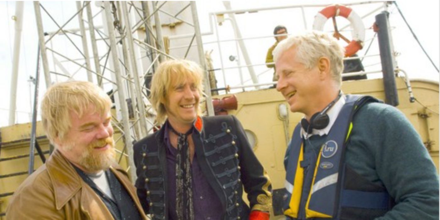 Phillip Seymour Hoffman, Rhys Ifans, Richard Curtis on the set of &lsquo;Pirate Radio&rsquo;