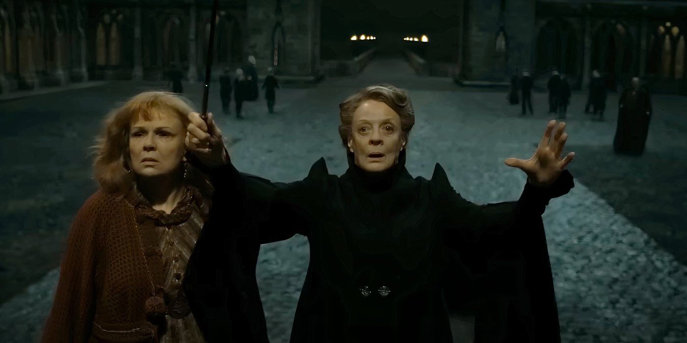 Minerva McGonagall, arms raised, protecting Hogwarts beside Molly Weasley in Deathly Hallows Part 2