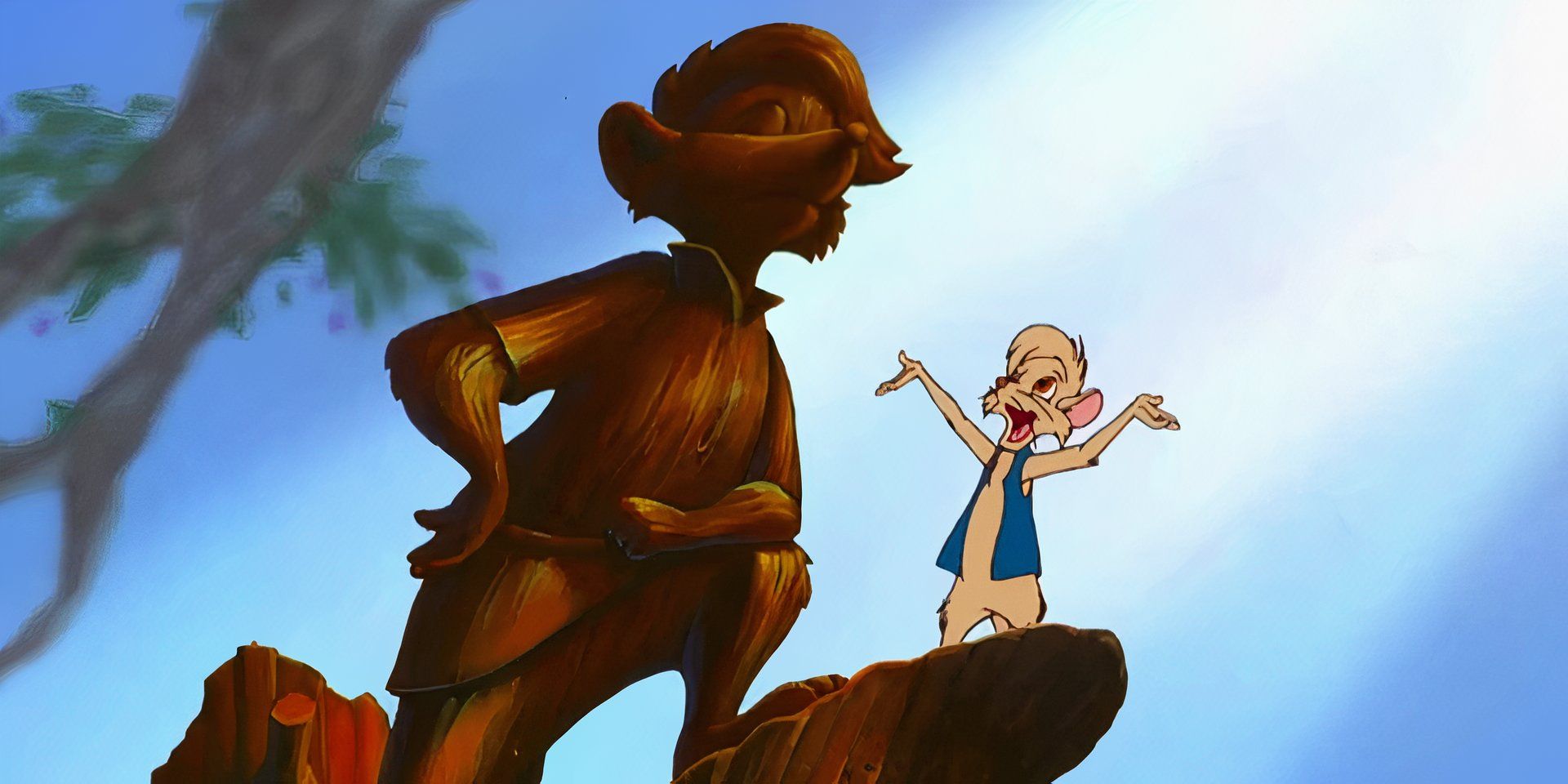 Timmy standing next to a proud wooden statue of his father, Jonathan, in 'The Secret of Nimh 2: Timmy to the Rescue' (1998)