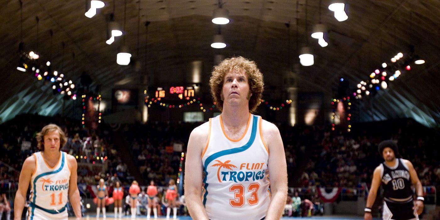 Will Ferrell about to shoot a basketball in the middle of a game as Jackie Moon in Semi-Pro. 