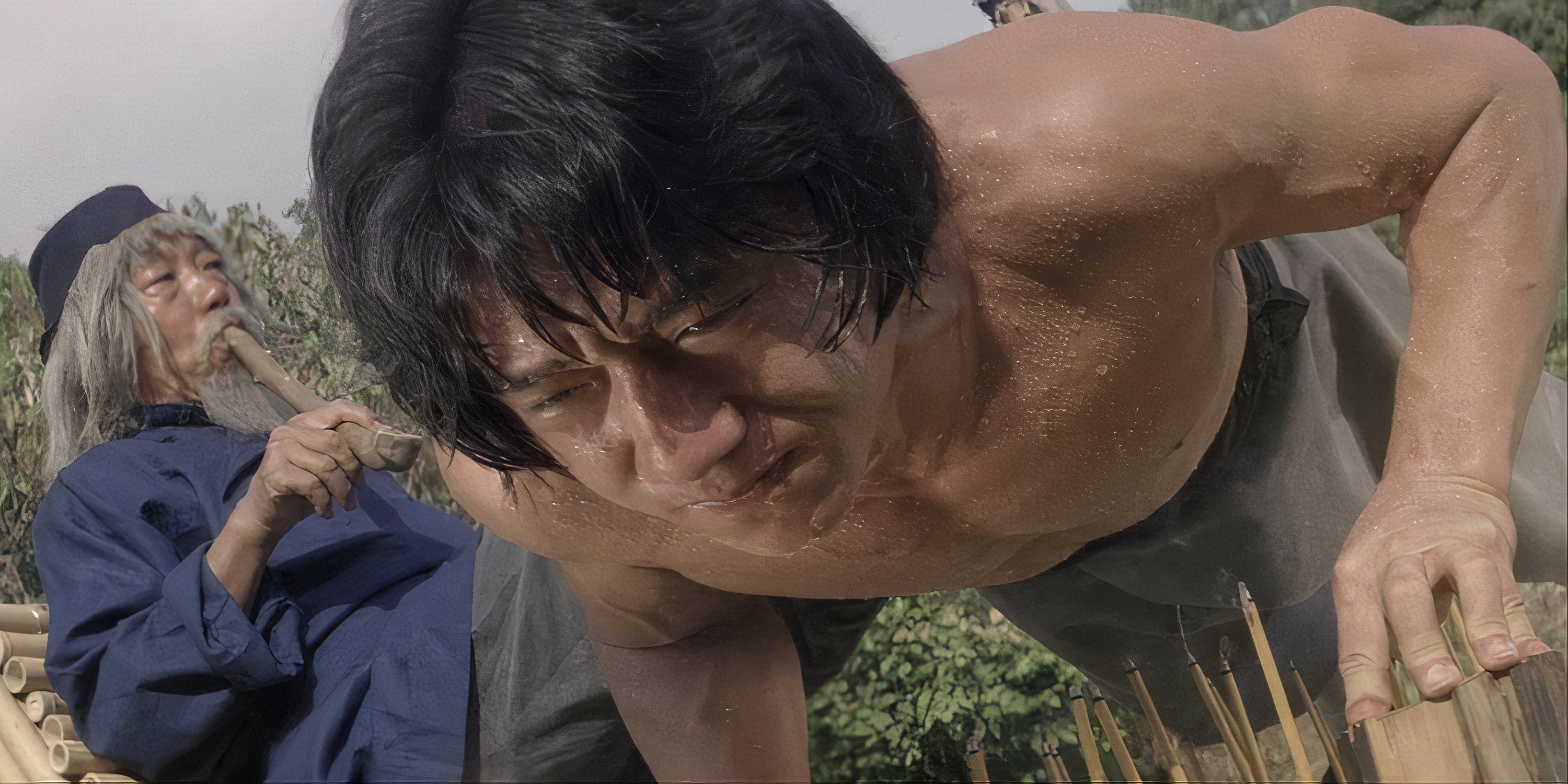 Jackie Chan struggles to do pushups as an old man smokes a pipe next to him in Snake in the Eagle's Shadow.
