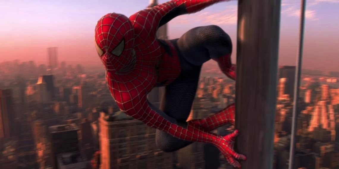 Spider-Man (Tobey Maguire) on a high rise above New York City in 'Spider-Man.'