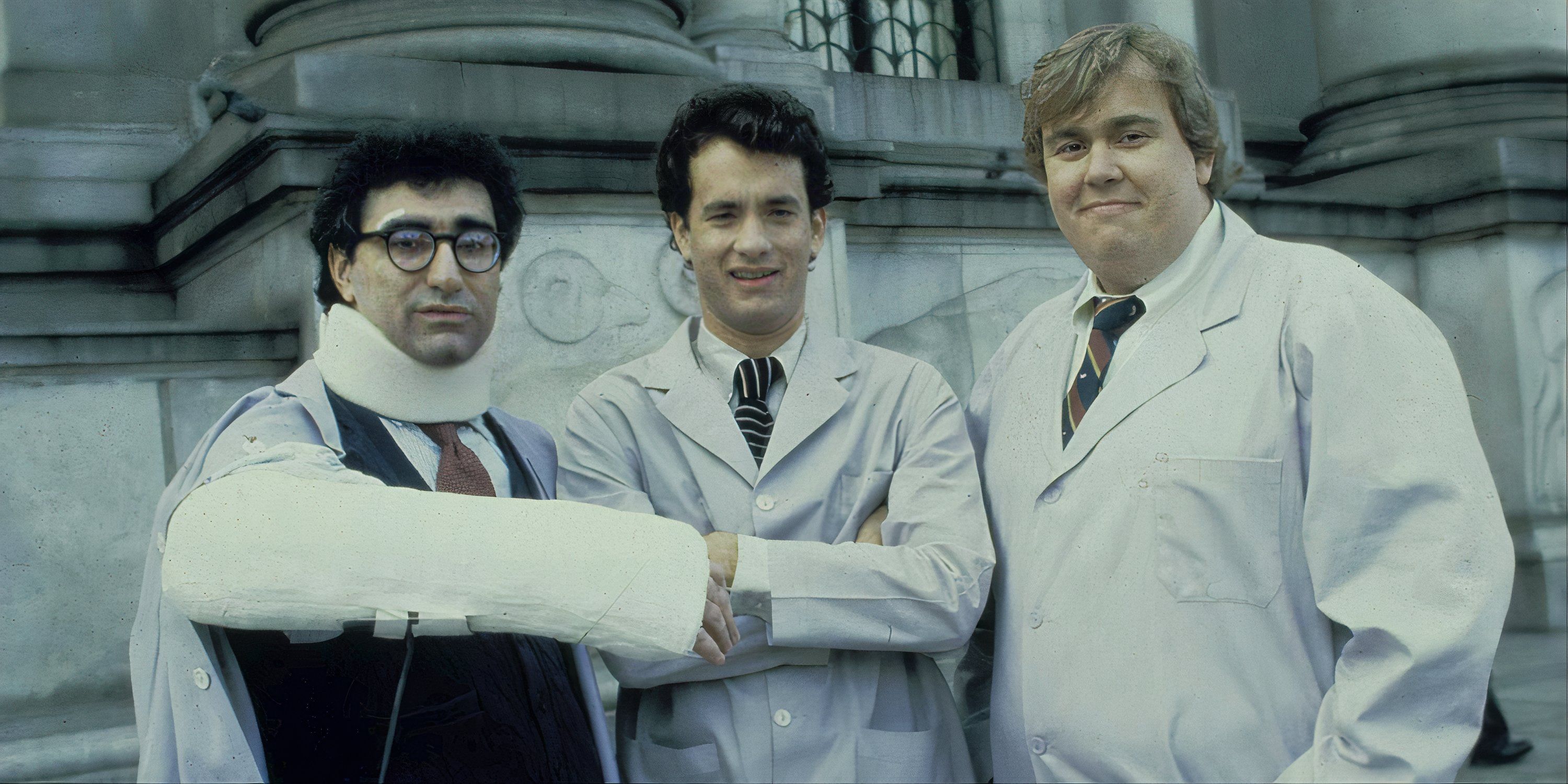 Eugene Levy, Tom Hanks and John Candy smiling at the camera in Splash.
