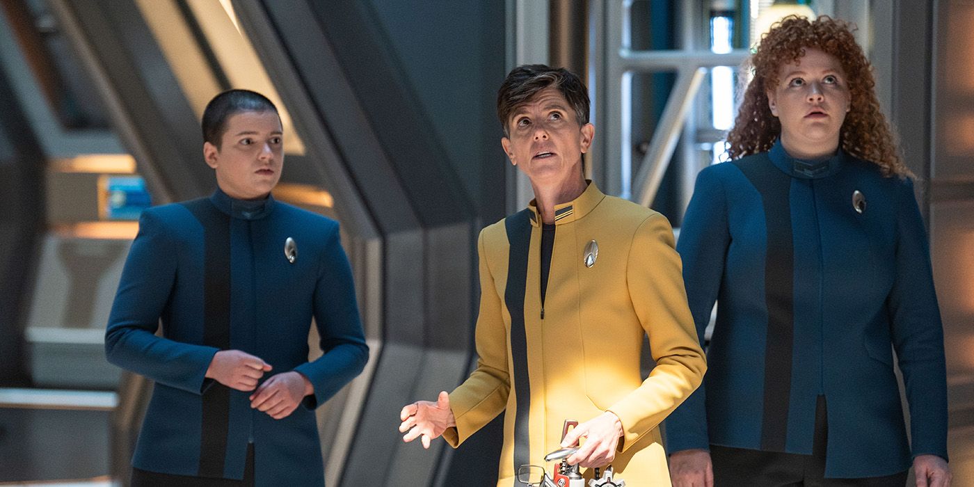 Blu del Barrio as Adira, Tig Notaro as Jett Reno and Mary Wiseman as Tilly in Star Trek: Discovery, episode 7, season 5