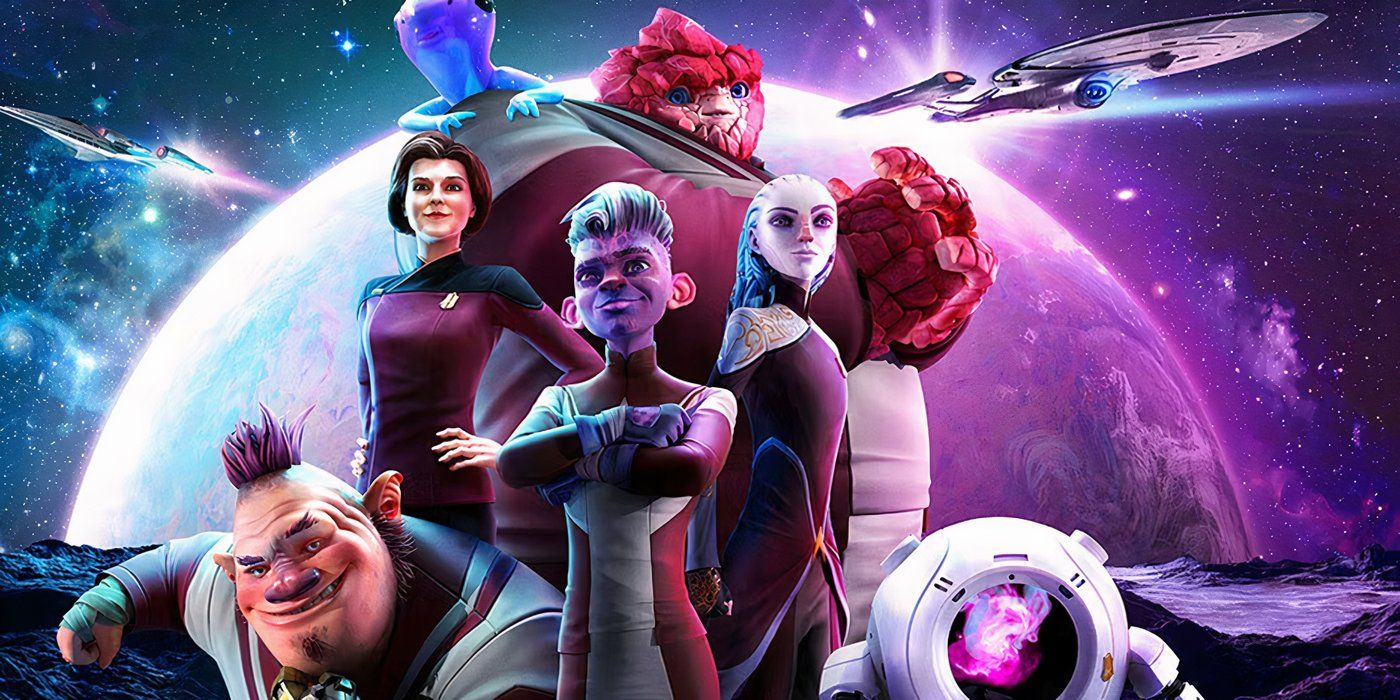 the ensemble animated cast of star trek prodigy standing in front of a blue and purple planet