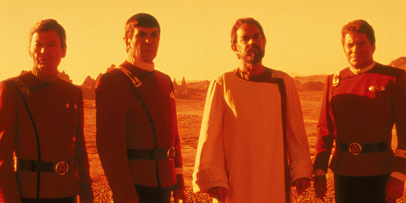 DeForest Kelley as Leonard McCoy, Leonard Nimoy as Spock, Laurence Luckinbill as Sybok and William Shatner as James Kirk in Star Trek V: The Final Frontier.