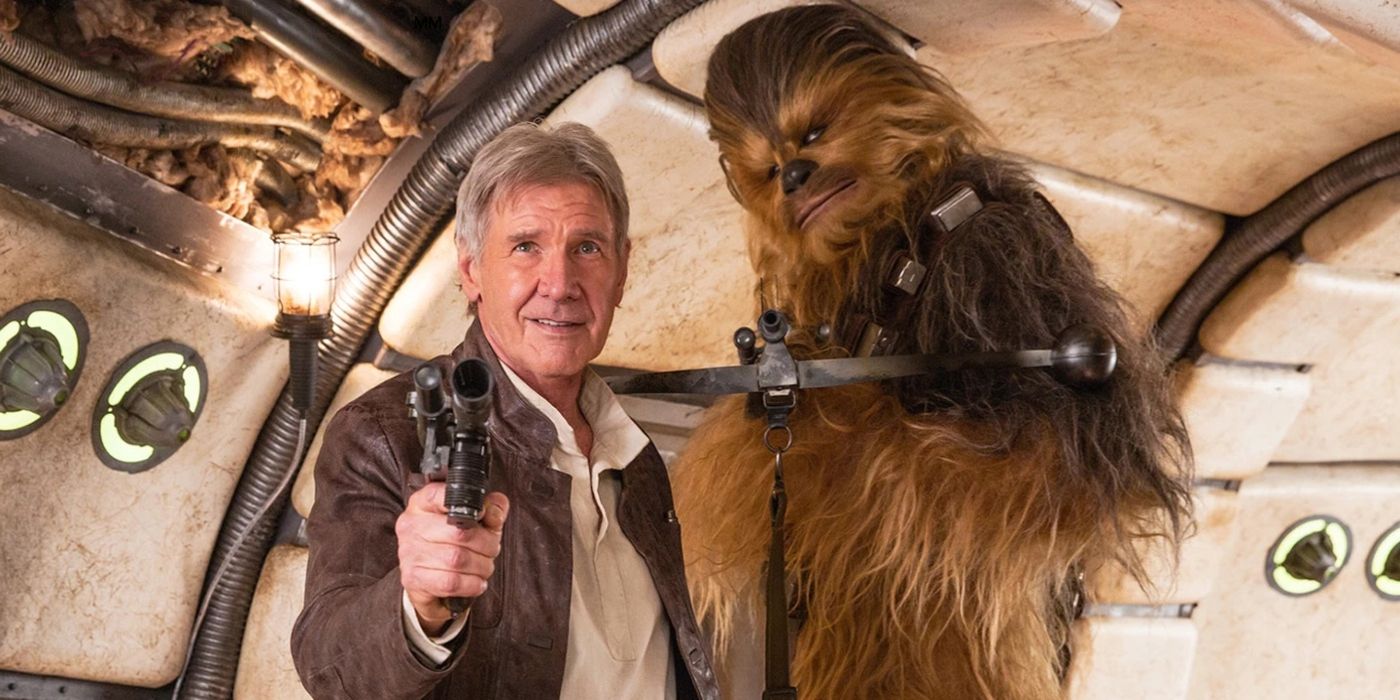 Harrison Ford's Han Solo smiling with Peter Mayhew's Chewbacca in Star Wars: The Force Awakens 