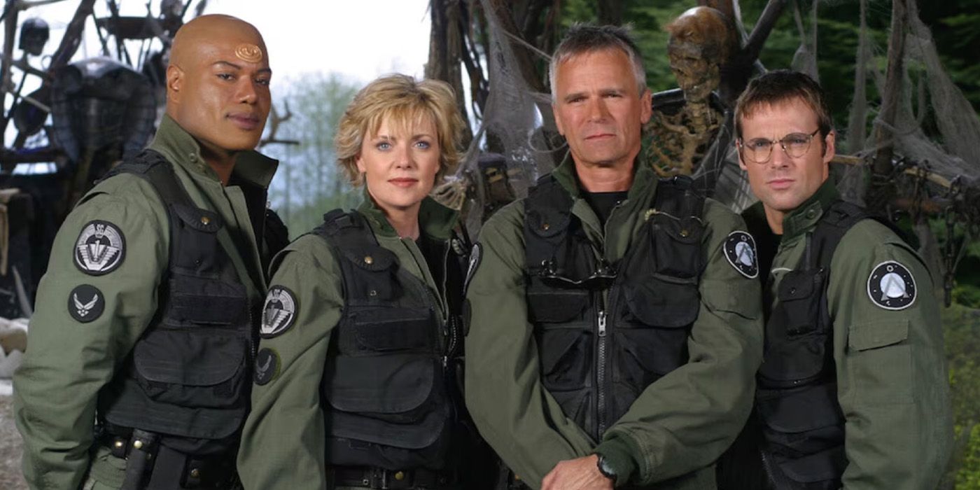 Teal'c (Christopher Judge), Samantha Carter (Amanda Tapping), Jack O'Neill (Richard Dean Anderson), and Daniel Jackson (Michael Shanks) in 'Stargate SG-1.'