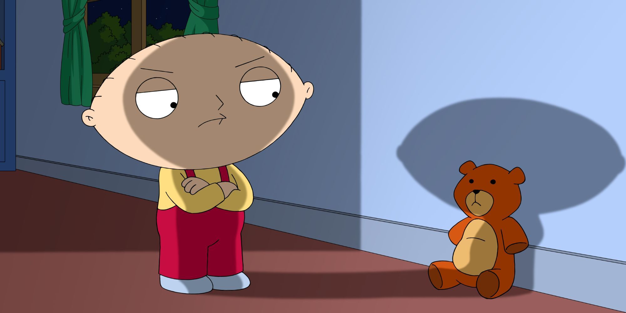 Stewie Griffin standing with his arms crossed against his chest while staring at his teddy bear Rupert in Family Guy
